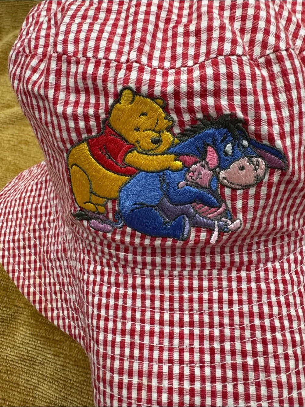 Disney Red Gingham Bucket Hat with Winnie the Pooh, Eeyore & piglet  Embroidery
